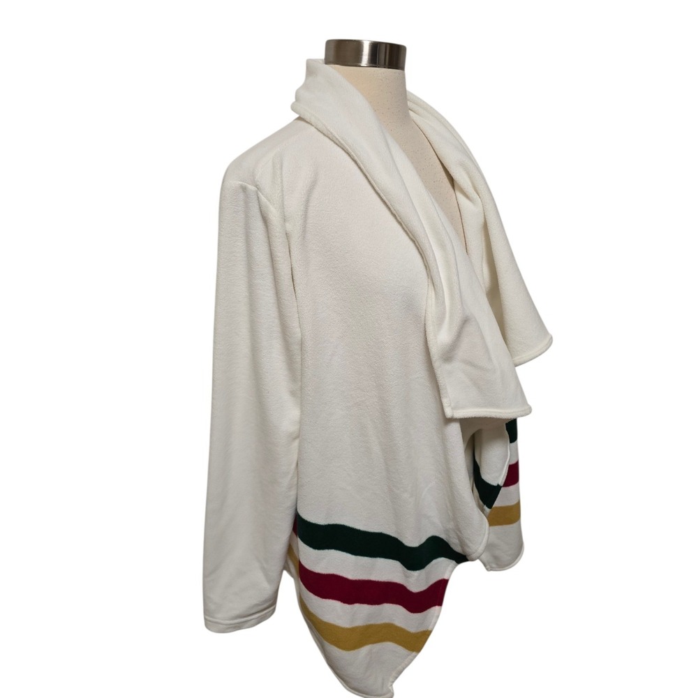 Lands End Womens Fleece Cardigan Sweater Size Medium White Blanket Stripes‎